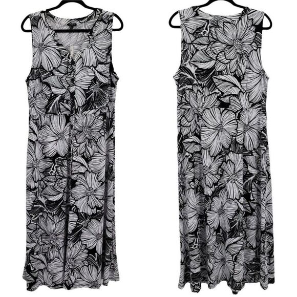 Talbots Sleeveless V-neck Button Down Black White Floral Maxi Dress Sz PXL - Picture 1 of 13